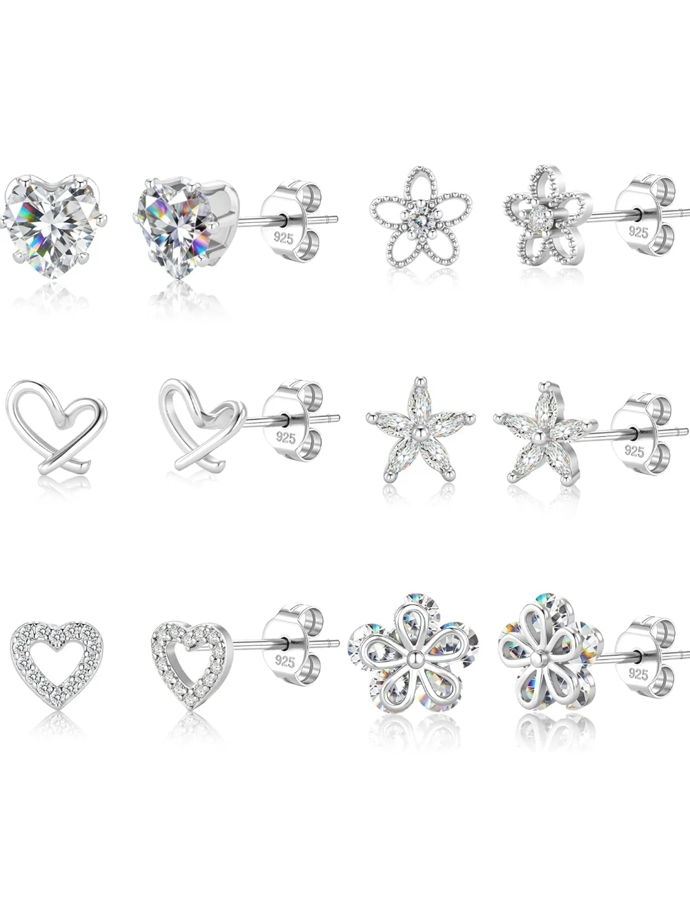 Sterling Silver CZ Flower & Heart Earring Set - Silver